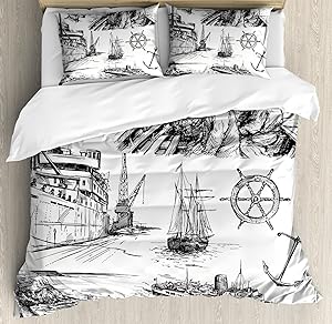 Ambesonne Nautical Duvet Cover Set, Fisherman Captain Seaman Sailboat Old Historic Sketch Monochromic Style Artwork, Decorative 3 Piece Bedding Set with 2 Pillow Shams, King Size, White Black