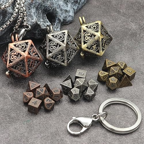 Haxtec Mini Metal DND Dice Set with Hollow Necklace Dice Case