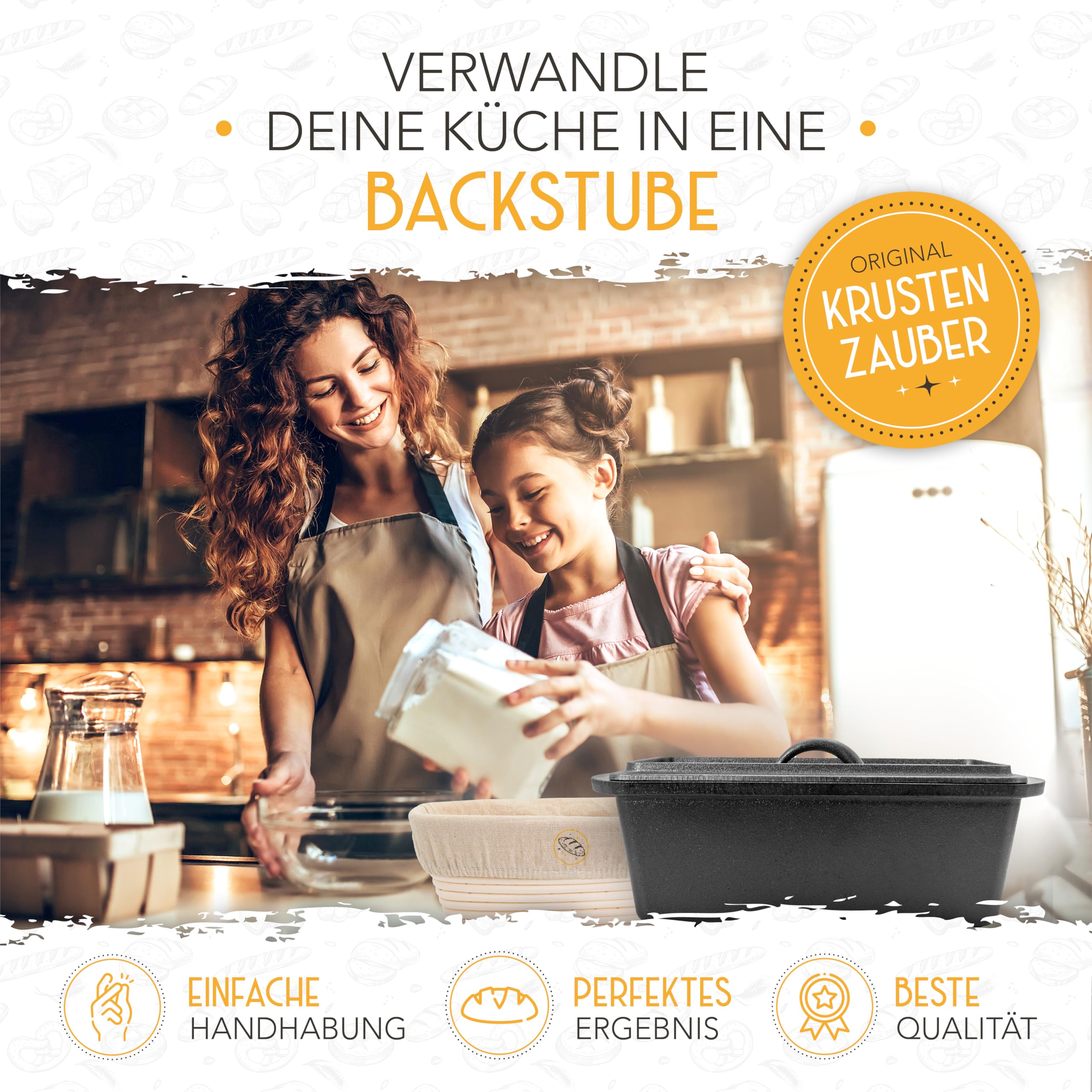 KRUSTENZAUBER Brotbackform mit Deckel inkl. Gärkorb - Robuste 28cm Backform aus Gusseisen - Ideal als Kastenform, Toastbrot Backform, Brotform, Gusseisen Topf Brot backen Zubehör, Brottopf 2
