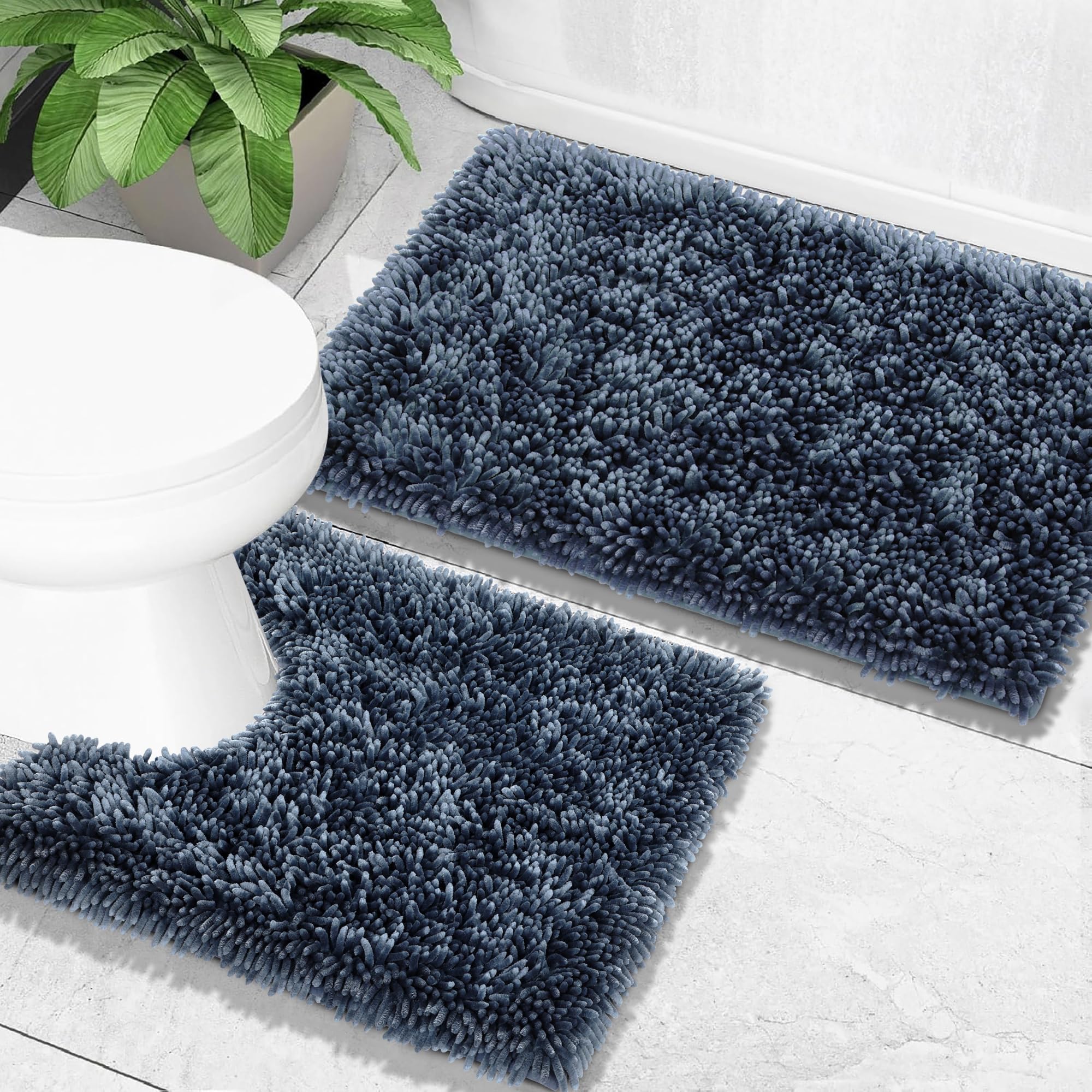 Photo 1 of Yimobra Bathroom Rugs Sets 2 Piece, Soft Absorbent Bath Mat and U-Shaped Toilet Rug with Non Slip Backing, Luxury Shaggy Bath Mats for Bathroom, Machine Washable, 31.5"x20"+24"x20", Light Blue