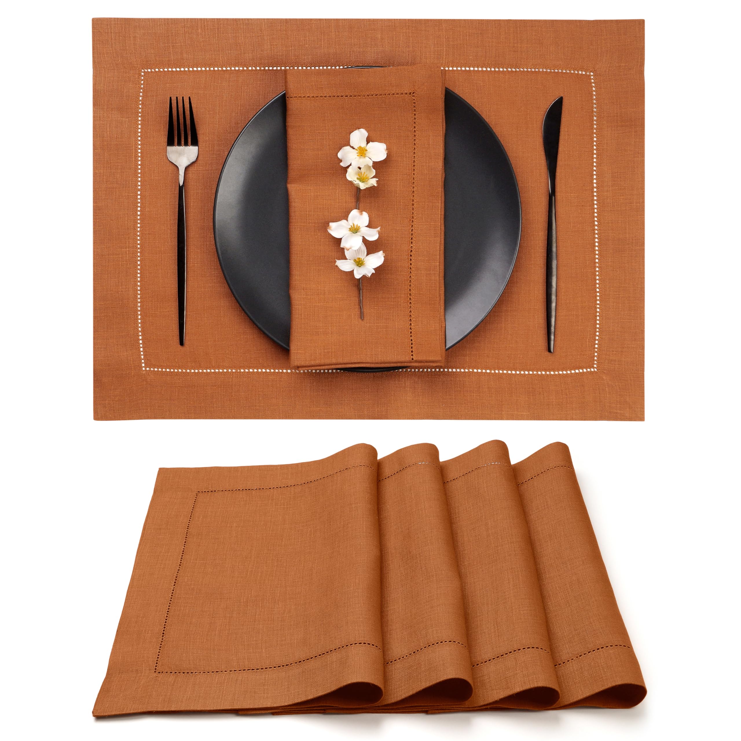 D'Moksha Homes Linen Placemats Set of 4 - 100% Pure Linen Rust 14 x 19 Inch - Classic Hemstitch, Washable Rust Placemats — image 1