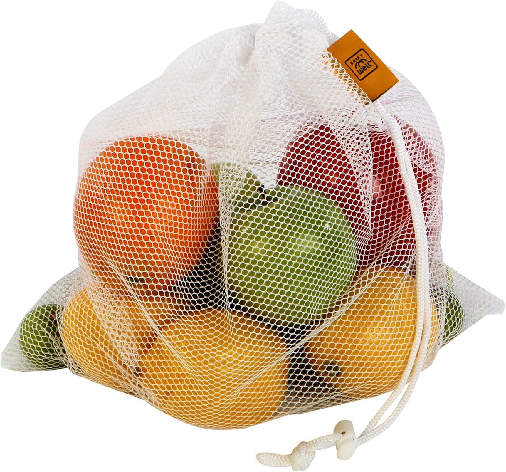 5-Pack CarryWell Reusable Grocery Polyester Mesh Produce Bags for Vegetable and Fruit Storage with Drawstring Closure
