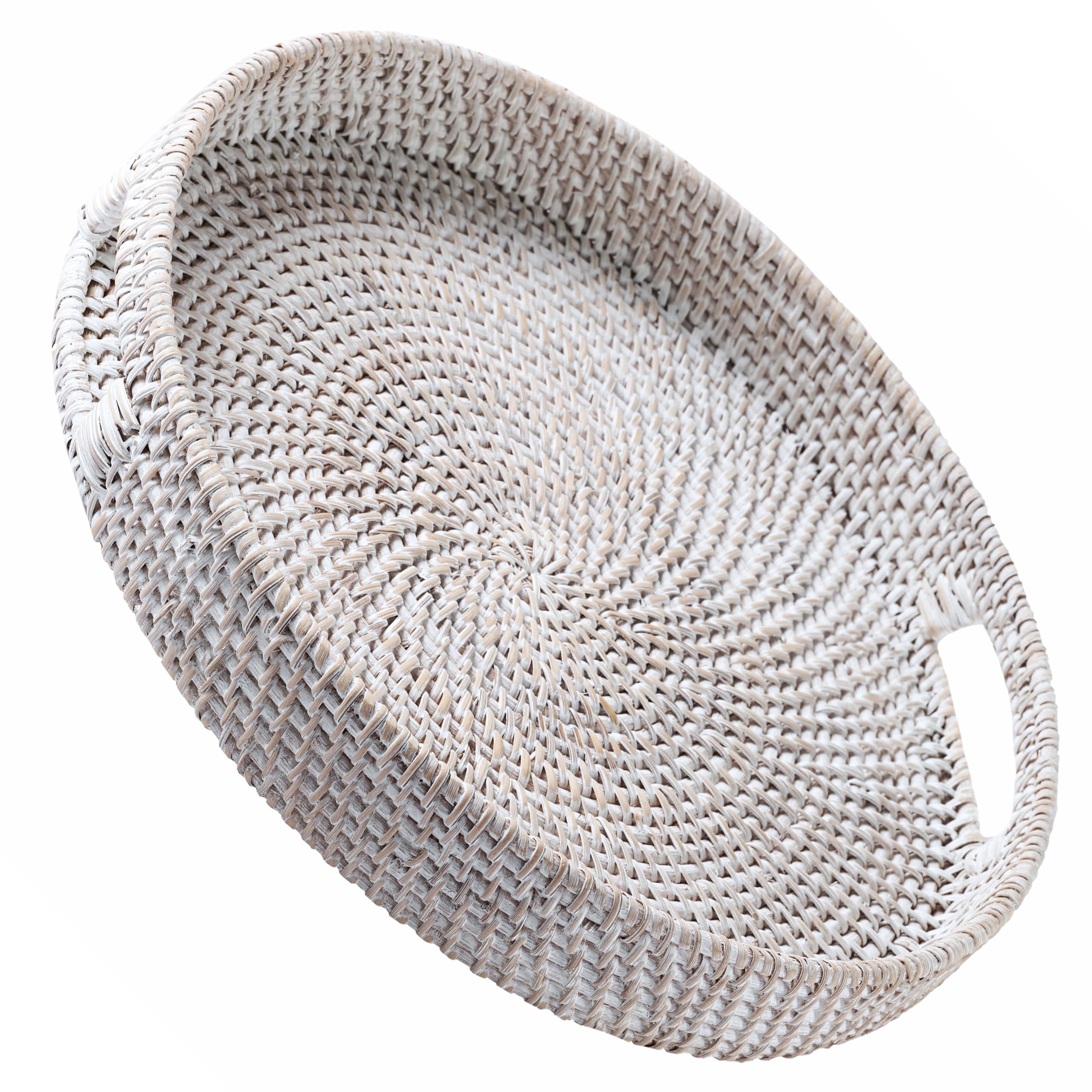 Rattan Serving Tray 34cm / 13.8" • Woven Serving Trays with Handles for Home by JUNGLE CULTURE® • Round Coffee Table Tray • Wicker Serving Basket for Bread, Fruit, Candles • Whitewash