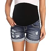 Foucome Maternity Denim Shorts Over Bump Ripped Distressed Folded Hem Blue Jean Shorts Comfy Summer Pregnancy Shorts