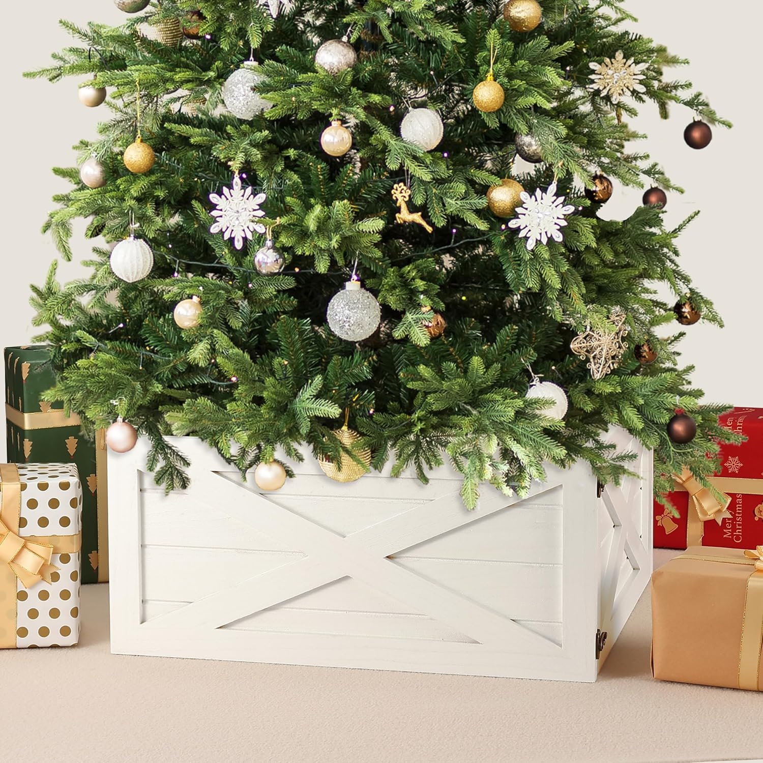 Tree Stands - Perfnique Christmas Tree Collar, 22'' Durable Wood Tree Collar Base, Handmade Tree Box Stand, Wooden Tree Stand Cover for Morden Farmhouse Home, Xmas Tree Skirt Box for Merry Christmas Decor (White)