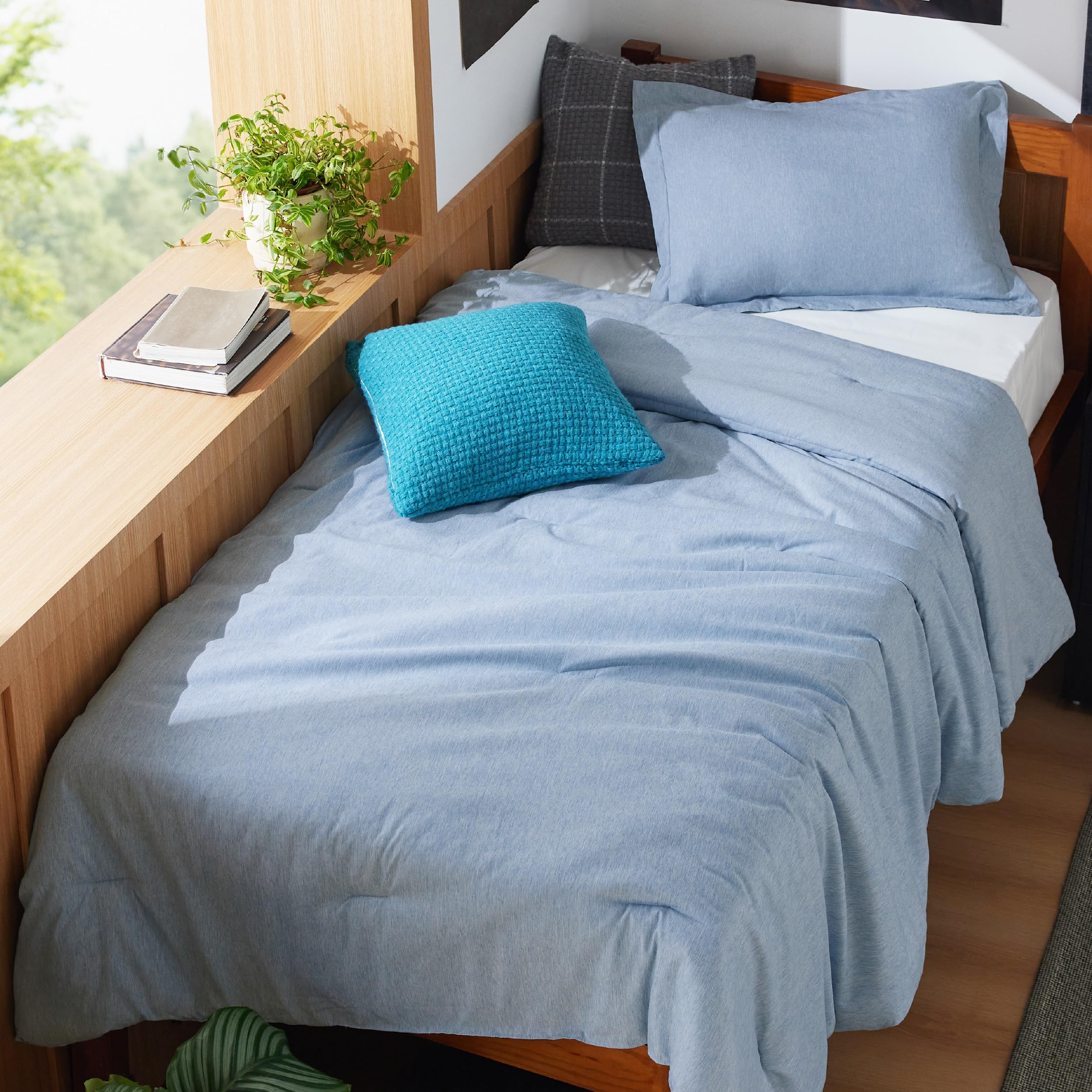 Photo 1 of Bedsure Twin/Twin XL Comforter Set - Light Blue Soft Bedding for All Seasons, Cationic Dyed Bed Set, 2 Pieces, 1 Twin Size Comforter (68"x88") and 1 Pillow Sham (20"x26"+2")