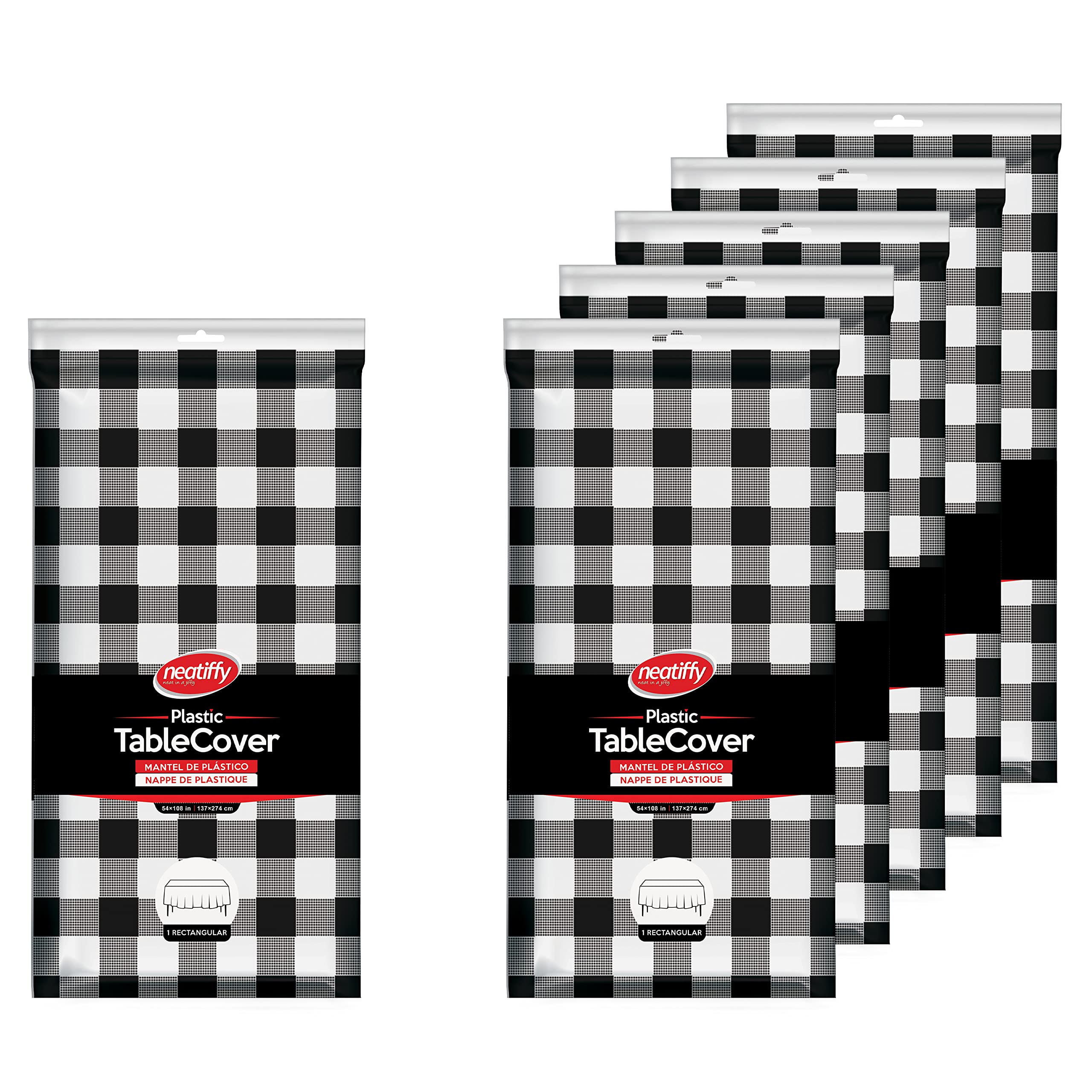 Neatiffy 54 in x 108 Inch 6Pack Rectangle Plastic Table Cloth | Waterproof Disposable/Reusable Tablecloth | Table Cover for Picnic, Party, Banquet, Birthdays - Black Checkered