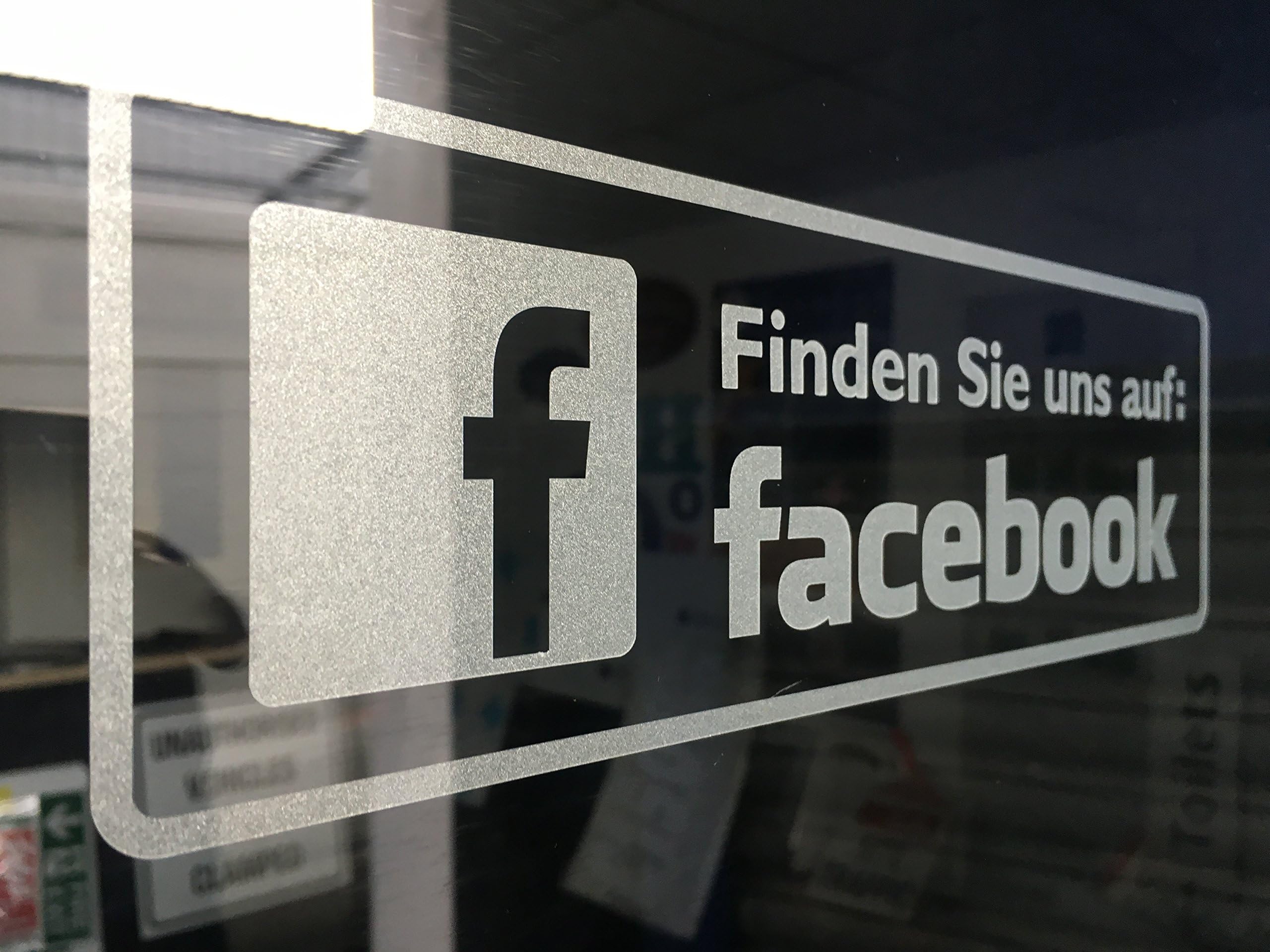 Catchy Signs Brand GERMAN VERSION 'Find us on Facebook' Social Media Etched Glass Stickers for inside glass. Pack of TWO stickers