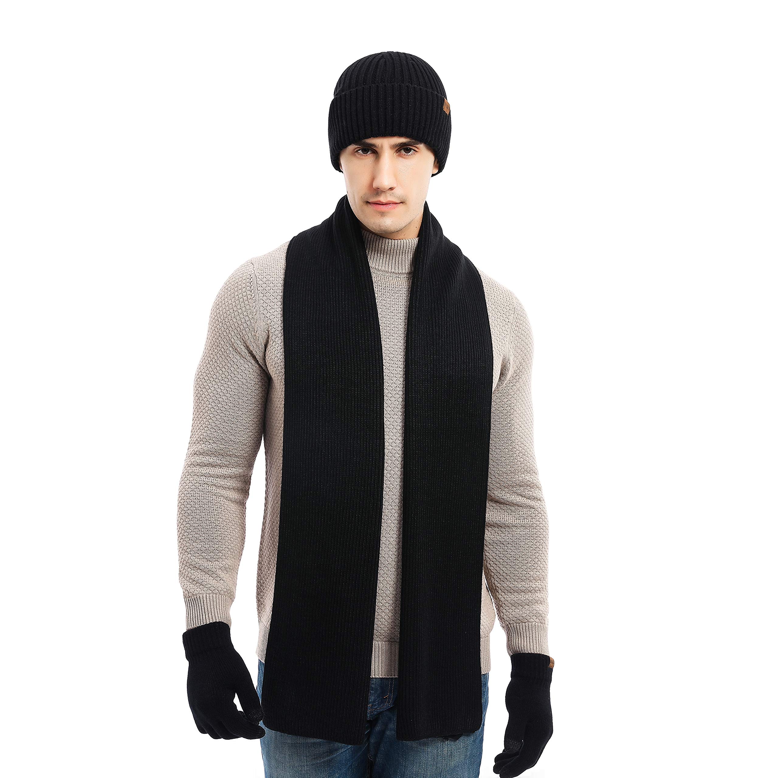 Winter Beanie Hats for Men Long Neck Scarf and Touchscreen Gloves Set with Fleece Lined Skull Caps Gifts for Men