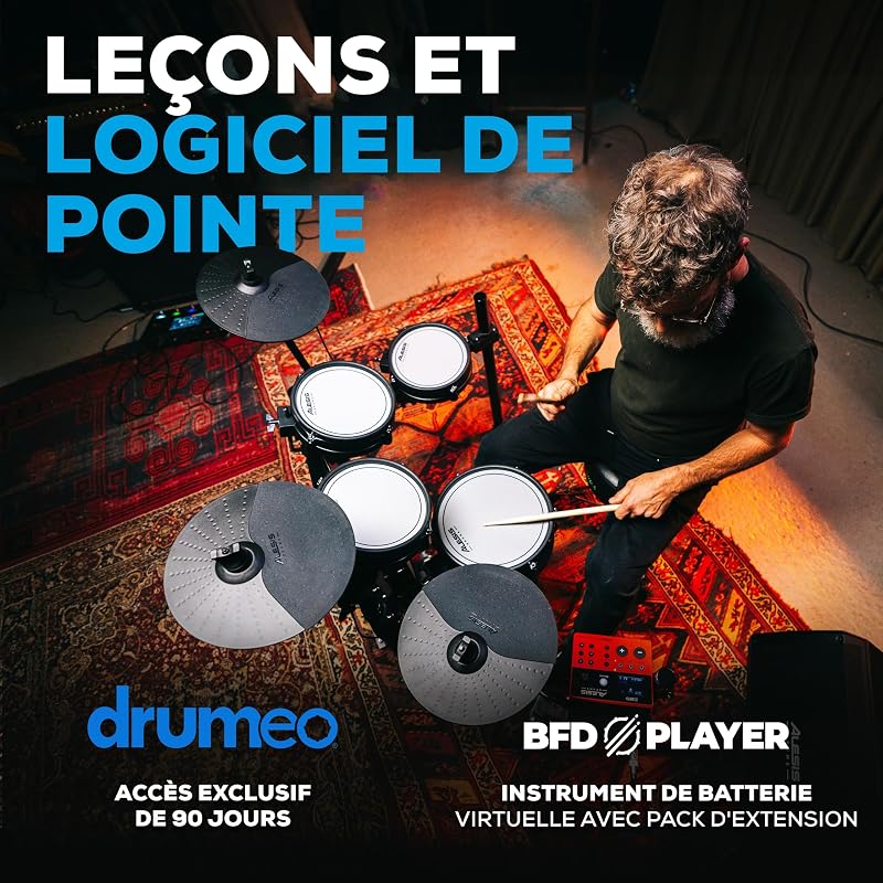Nitro Pro batterie électronique avec pads double zone silencieux, plus de 500 sons BFD, Bluetooth, Drumeo, MIDI USB, compatible double pédale