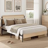 LIKIMIO Natural Rattan Queen Bed Frame with Wooden Headboard | Boho Metal Platform Bed Frame Queen Size with Metal Slats Surpport, Under Bed Storage, No Box Spring Needed, for Bedroom