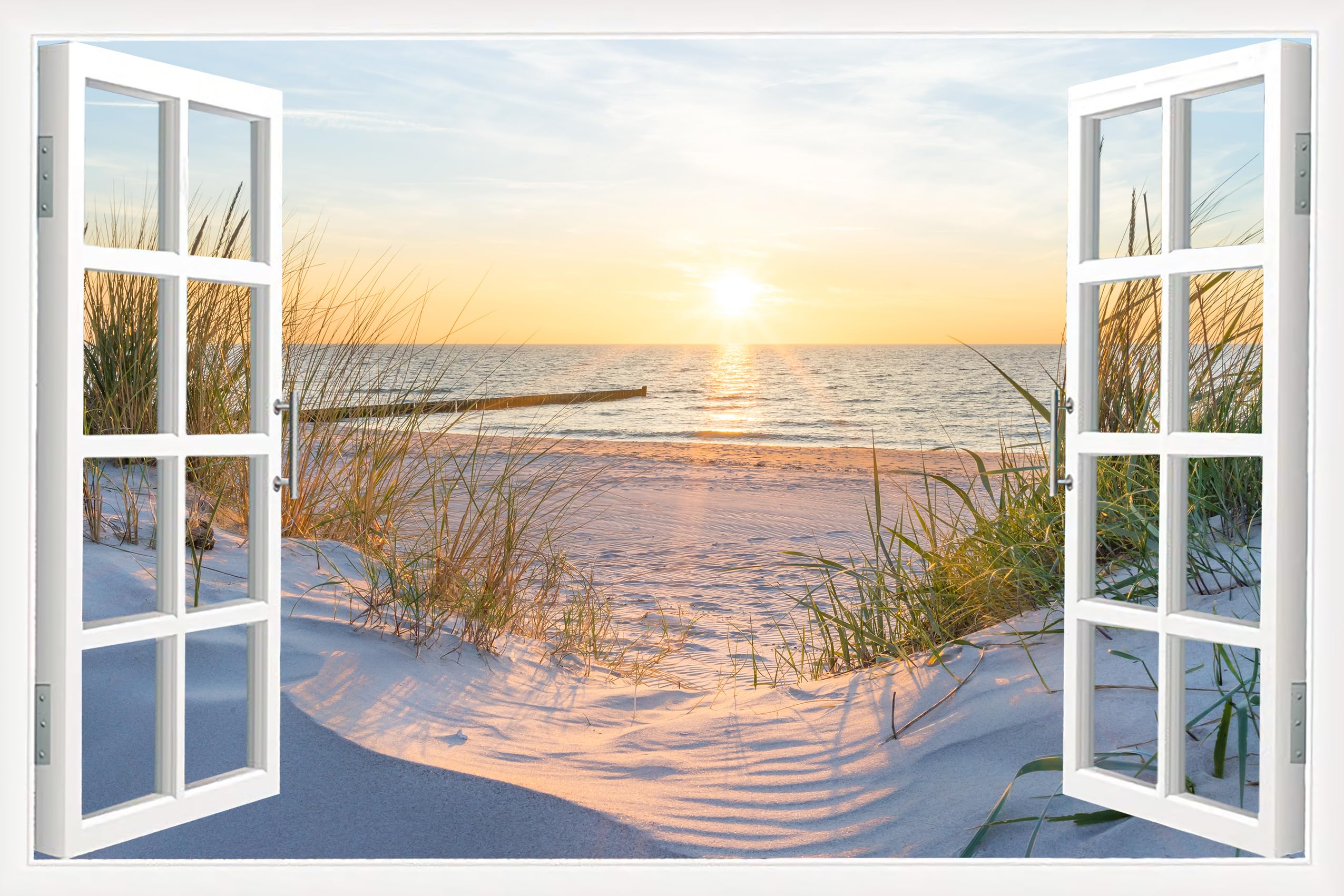 3D Window Effect Landscape Canvas Wall Art White Beach Nature Wilderness Photography Artwork Pictures for Canvas Wall Decor for Living Room Bedroom Office,Framed Prints Ready to Hang - 36"W x 24"H
