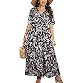 OSTOO Women's Plus Size Hawaii Empire Waist Bat Short Sleeve Casual Floral Print Boho Maxi Dress