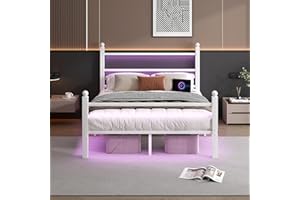CLIBFENG Full Size Bed Frame with Headboard and Footboard,Steel Slats Support-LED Bed Frame with USB Charging Station,Mattress Foundation-Under Bed Storage,No Box Spring Needed,Noise Free,White