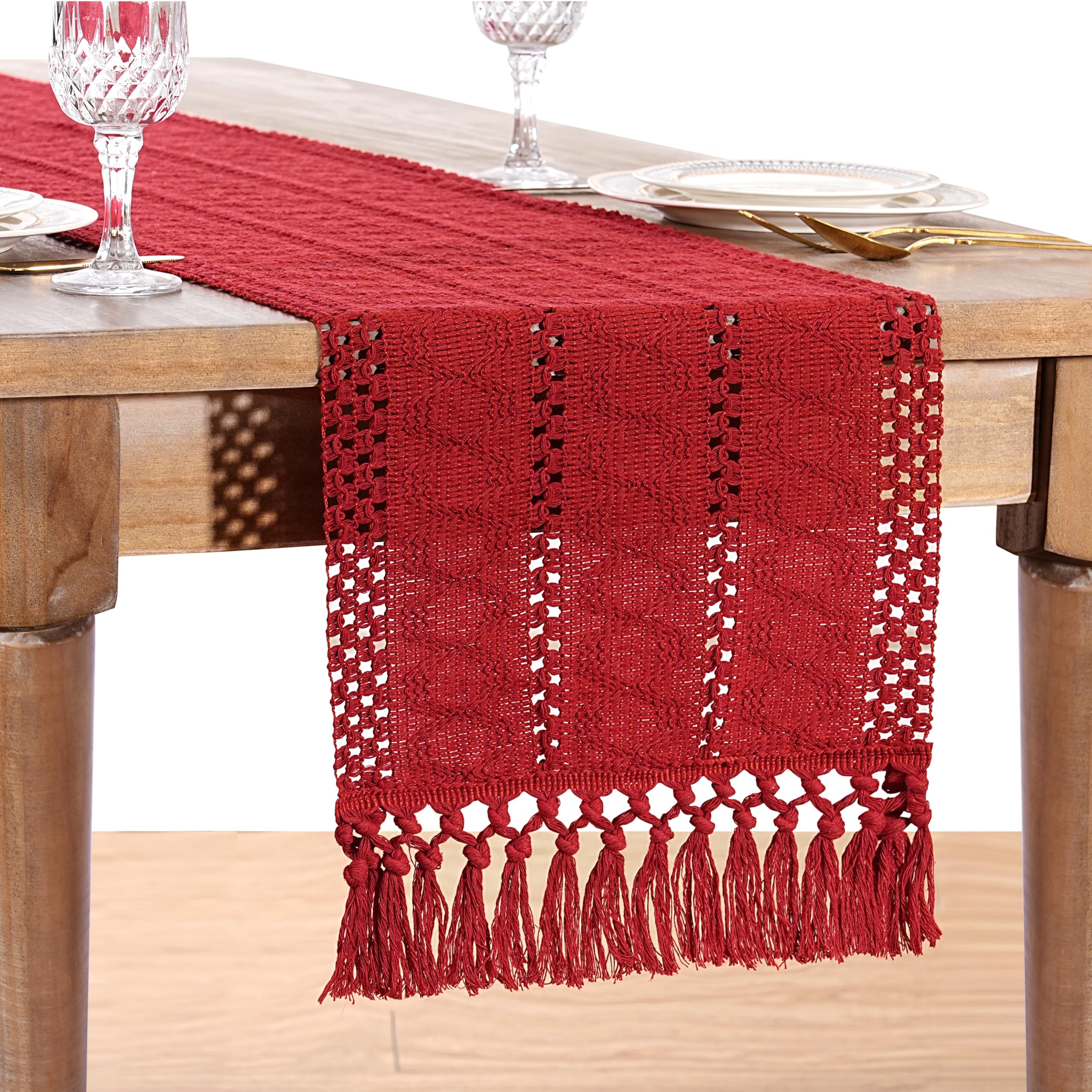 Photo 1 of B-COOL Boho Table Runner Christmas Decor: Red Macrame Farmhouse Table Runner 108 Inches Long for Living Room Bridal Shower Rustic Valentine's Day Table Decoration