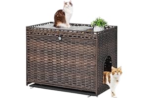 HONIAKAKA Cat Litter Box Enclosure with Soft Litter Mat; Hidden Cat Washroom Furniture with Door; Handwoven Rattan Cat House with Large Space; Pet Crate for Living Room, Bedroom, Balcony (Brown)