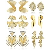 Gold Clip On Earrings for Women Trendy Non Piercing Dangle Earrings Exaggerated Heart Flower Leaf Statement Earrings 14K Gold Plated Large Earrings for Non-Pierced Ears Fake Earrings Set