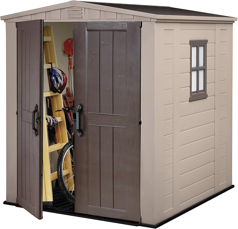 Keter Factor Apex 6x6ft Shed Beige Brown Wood Effect Outdoor Storage Double Door