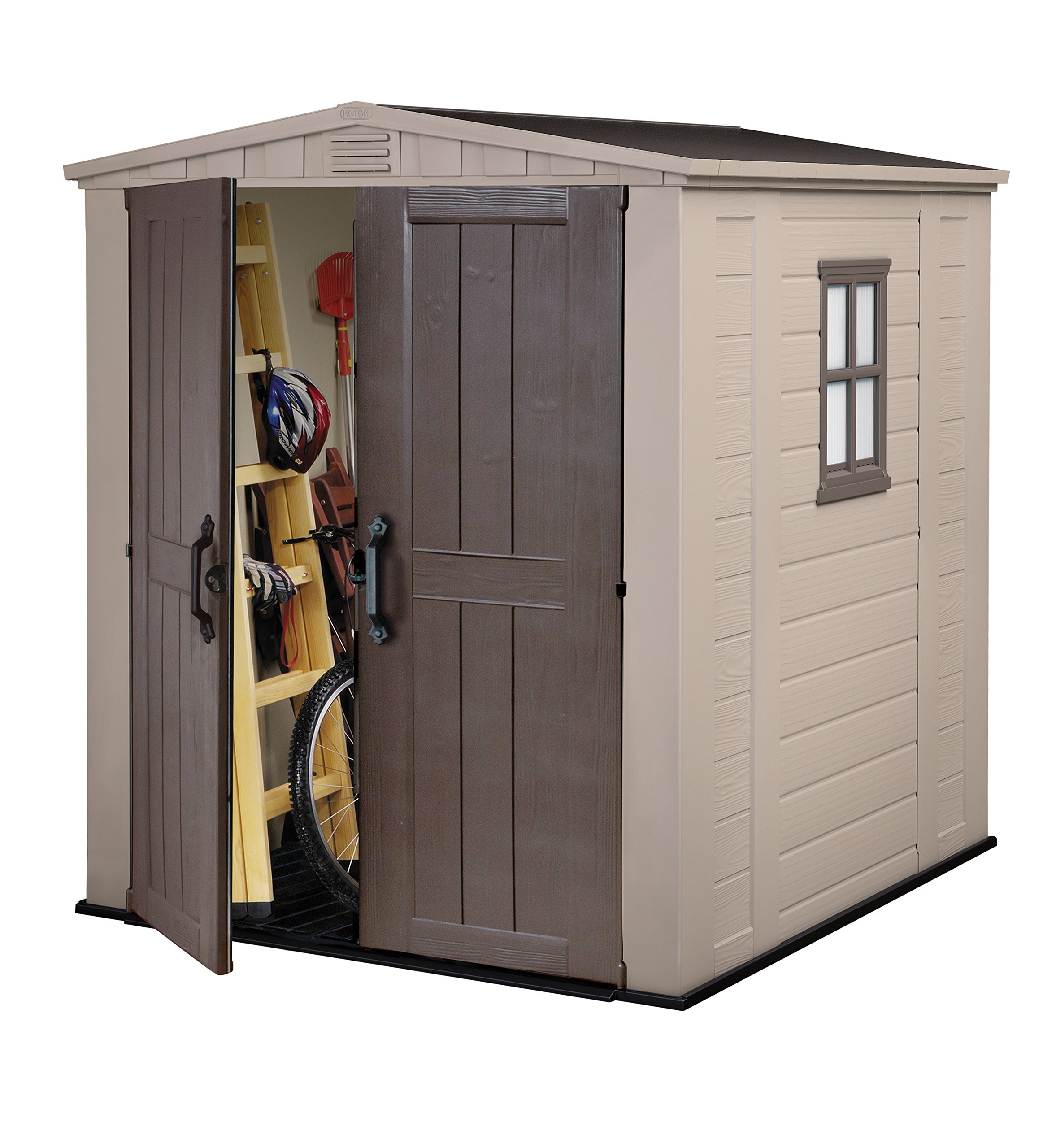 Keter Factor Outdoor Apex Double Door Garden Storage Shed 6 x 6ft Beige Brown Wood effect | Fade Free | All Weather Resistant | Safe and Secure | Zero Maintenance | 15 year Warranty