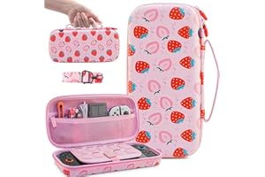 FUNDIARY Pink Strawberry Switch 2 Carrying Case for Nintendo Switch 2(2025), Large Capacity Cute Case Bundle Accessories with Portable Storage Travel Bag and Shoulder Strap, Christmas Gifts for Girls