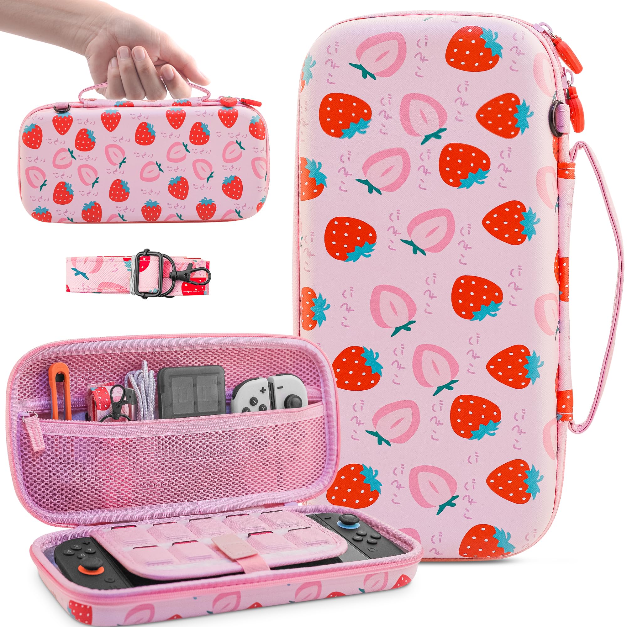 FUNDIARY Pink Strawberry Switch 2 Carrying Case for Nintendo Switch 2(2025), Large Capacity Cute Case Bundle Accessories with Portable Storage Travel Bag and Shoulder Strap, Christmas Gifts for Girls