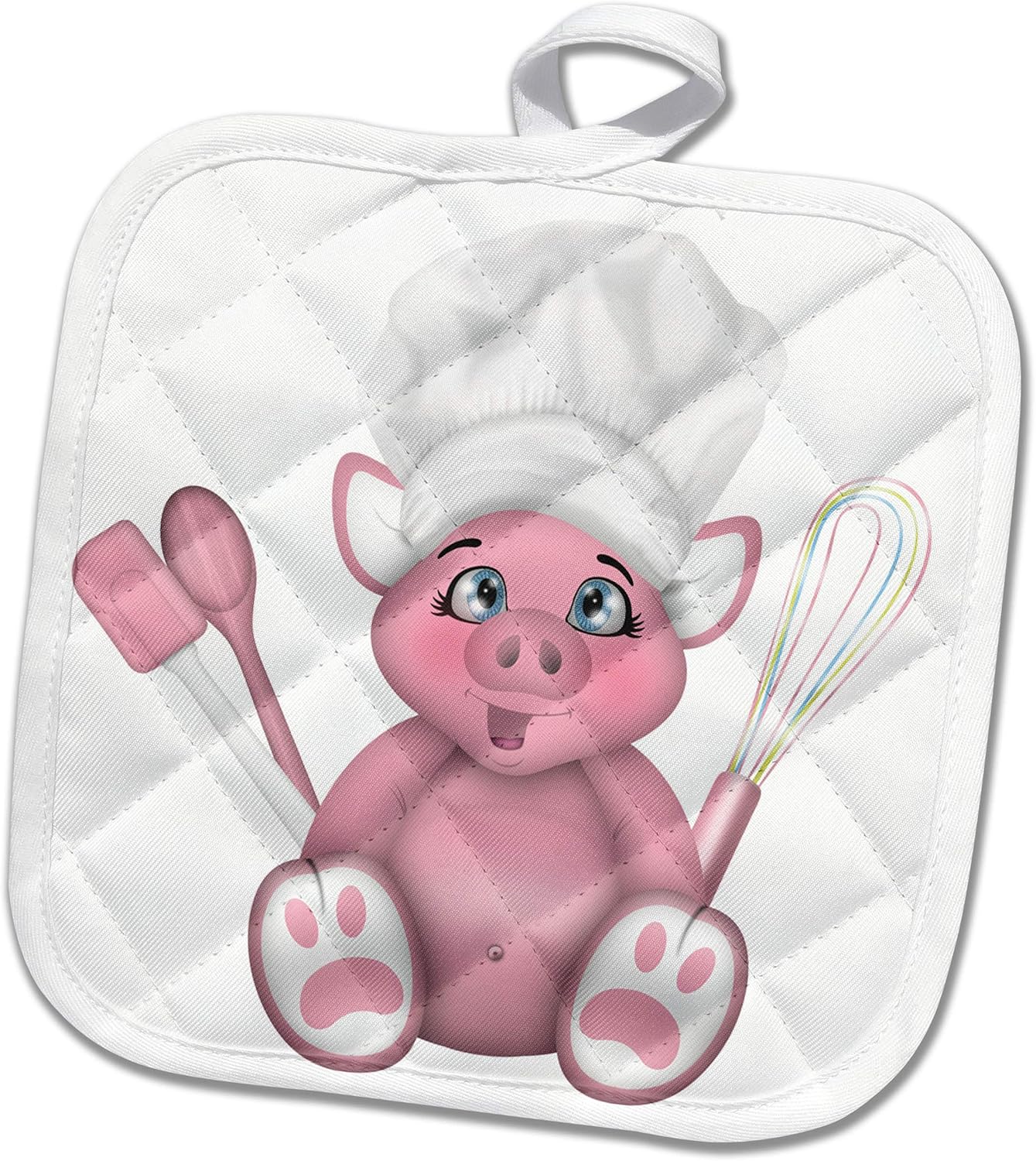 3dRose Cute Pink Pig Chef With Whisk, Spatula, and Spoon Illustration - Potholders (phl_327351_1)