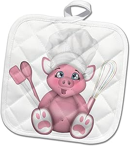 3dRose Cute Pink Pig Chef With Whisk, Spatula, and Spoon Illustration - Potholders (phl_327351_1)