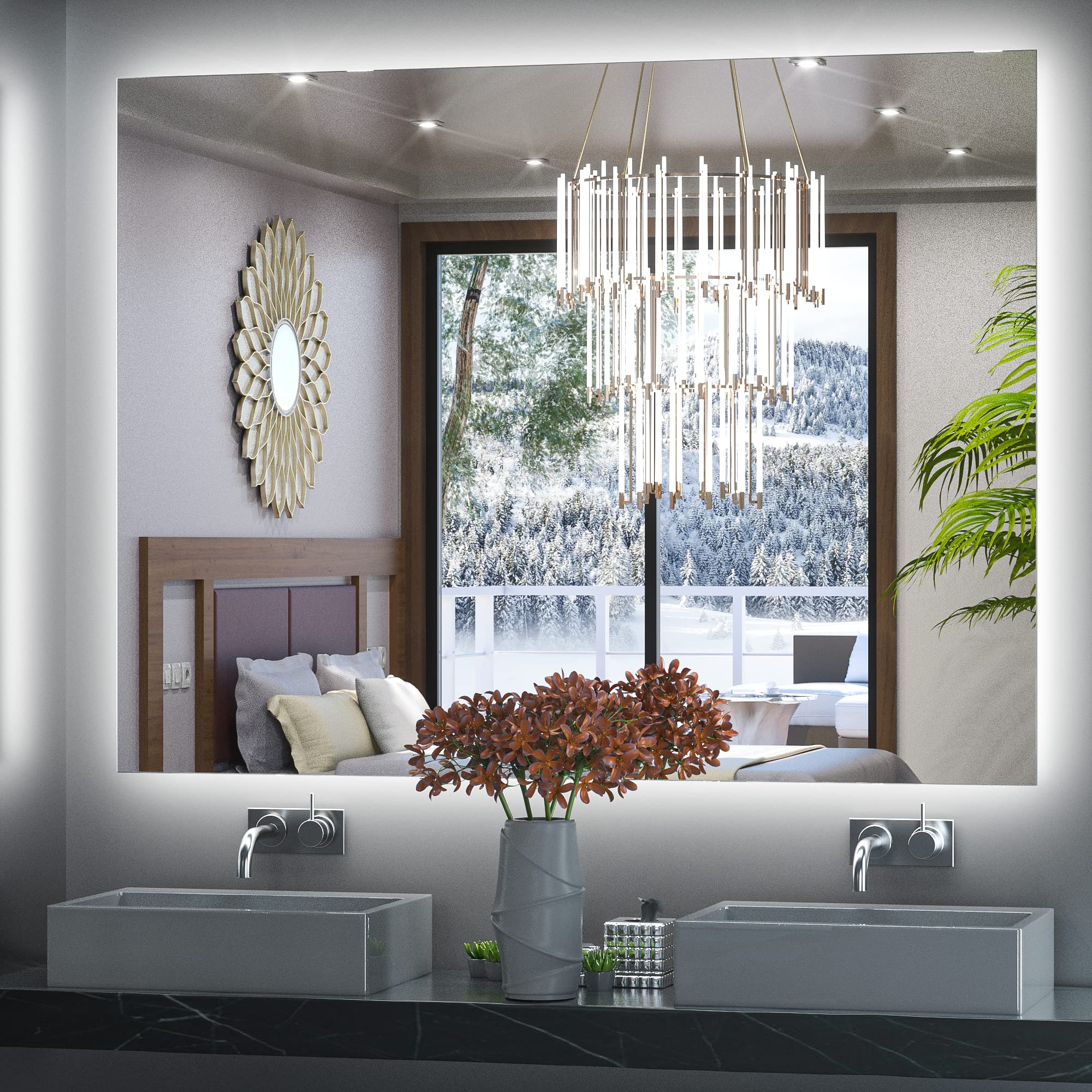 Photo 1 of Keonjinn LED Mirror for Bathroom 48 x 36 Inch, Backlit Mirrors with Dimmable 3-Color Lights, Lighted Vanity Mirror High Lumen, Anti-Fog, Shatterproof Tempered Glass, CR90+