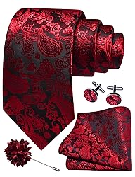 GUSLESON Red Tie for Wedding Mens Silk Paisley