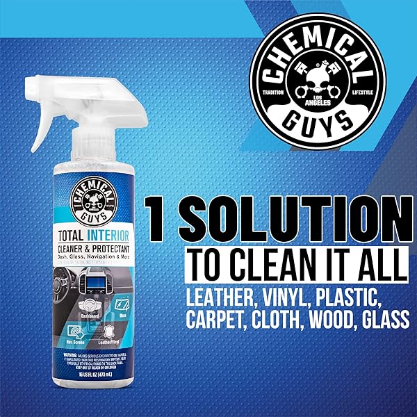 CHEMICAL GUYS TOTAL INTERIOR CLEANER & PROTECTANT INTERIOR CLEANER, CLEANS & PROTECTS LEATHER, VINYL, PLASTIC, RUBBER, GLASS WITH A STREAK-FREE FINISH — CARS, TRUCKS, SUVS, RVS, 16 OZ