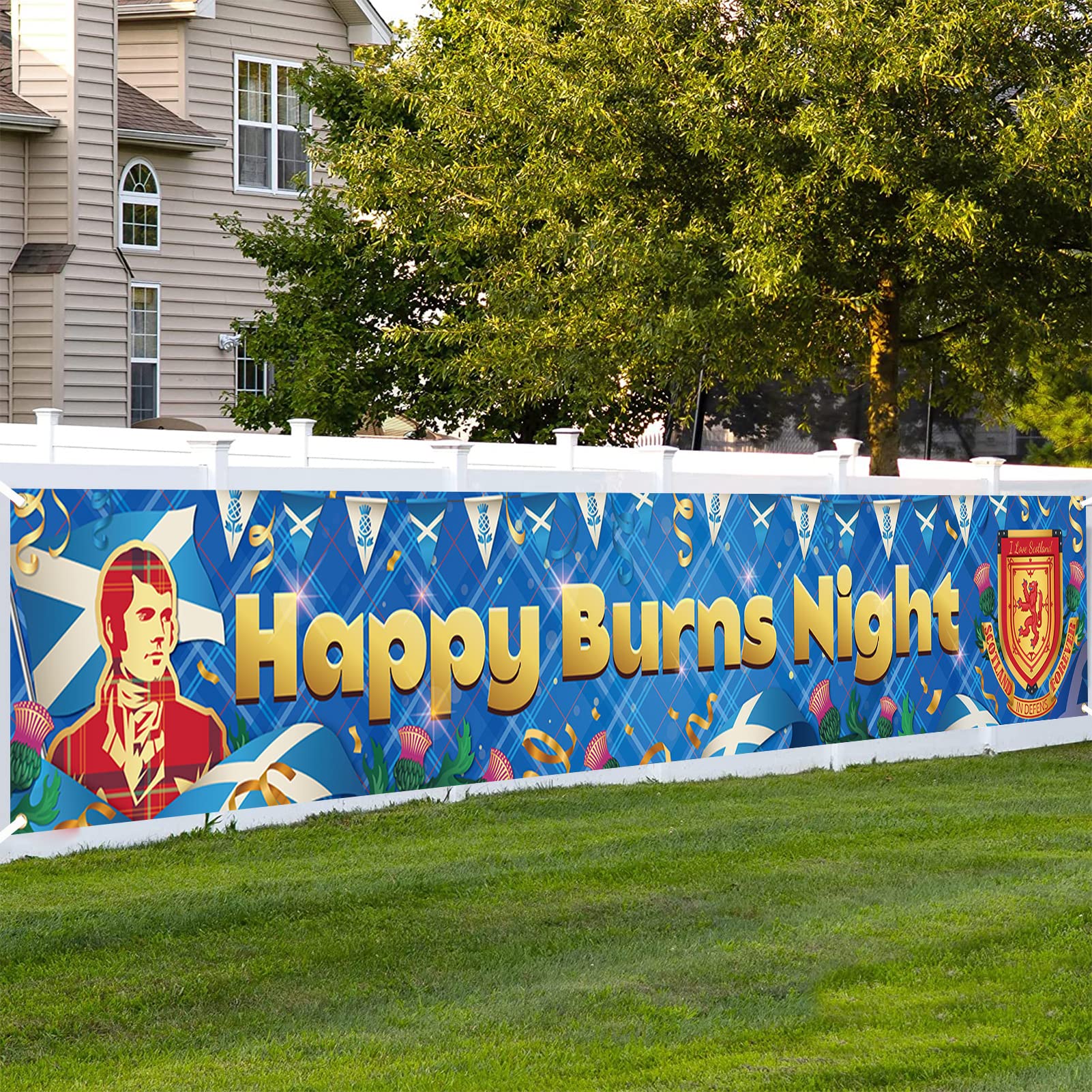 DPKOW Happy Burns Night Banner, Long Fabric I Love Scotland Banner for Burns Night Party Decorations, Blue Plaid Scottish Flag Backdrop Banner for Patriotic Themed Scotland Decorations, 270 * 40cm