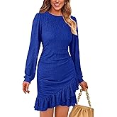 PRETTYGARDEN Women's Spring Fall Ruched Bodycon Mini Dress Long Puff Sleeve Ruffle Fitted Cocktail Party Dresses