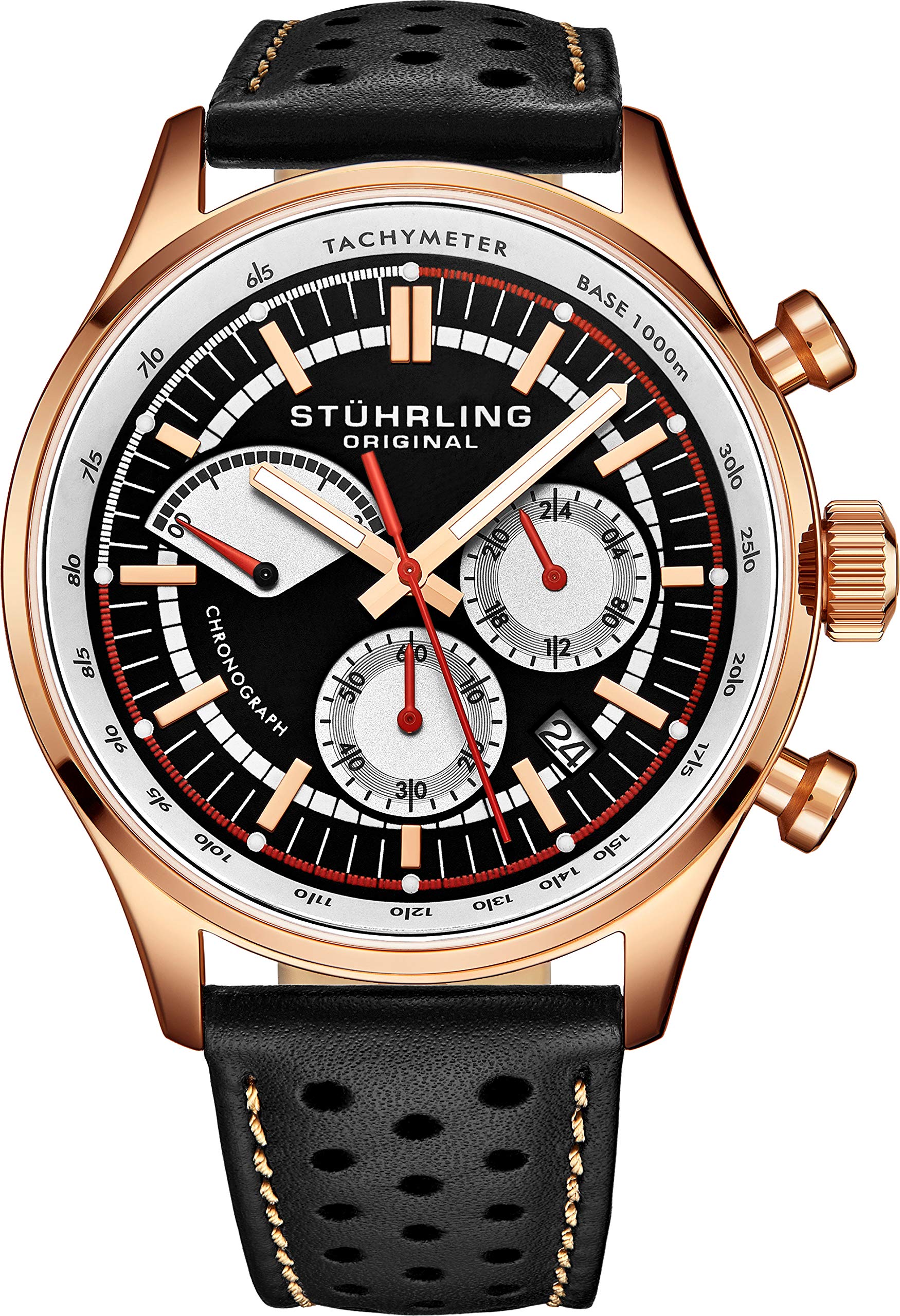 Stuhrling Original Men's Leather Tachymeter Watch - Stainless Steel Case - Analog Dial with Date 934 Watches for Men Collection