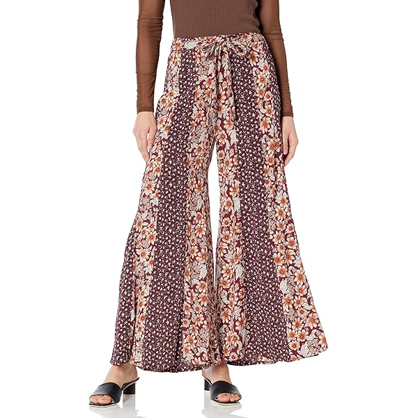 Angie Women's Wide Leg Floral Bird Print Pants, Cinnamon at