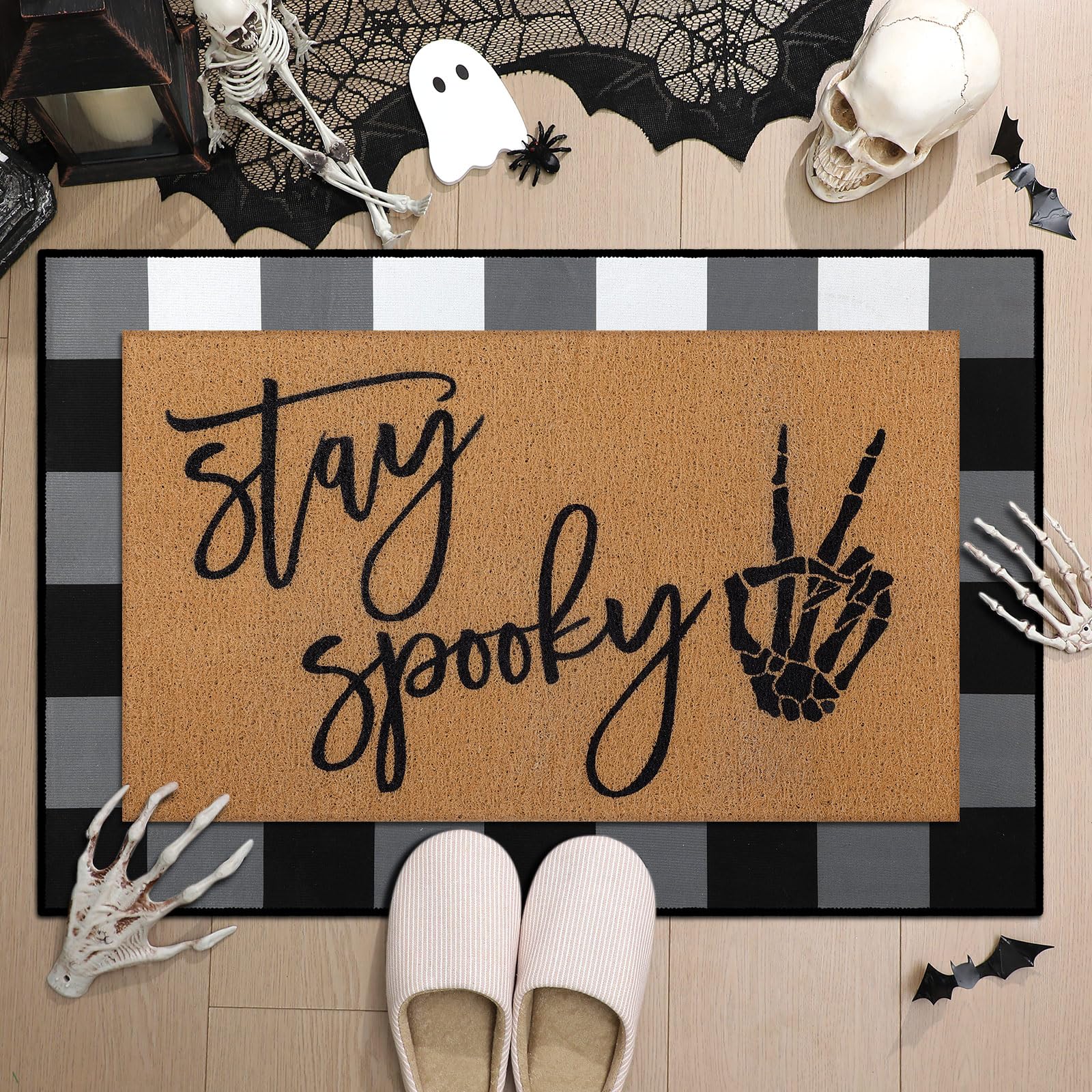 Photo 1 of Drydiet 2 Pcs Stay Spooky Halloween Coir Doormats Welcome Outdoor Door Mats Layered Buffalo Plaid Front Door Rugs Non Slip Floor Mats for Halloween Porch Entryway Indoor Outdoor Decor