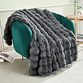 JONIYEAR Solid Thick Bubble Faux Rabbit Fur Throw Blanket 50" x 60", Decorative Bumpy Cute Cozy Fluffy Gray Warm Blanket for Winter,Reversible Luxe Fuzzy Textured Poofy Comfy Shag Furry Blankets, Grey