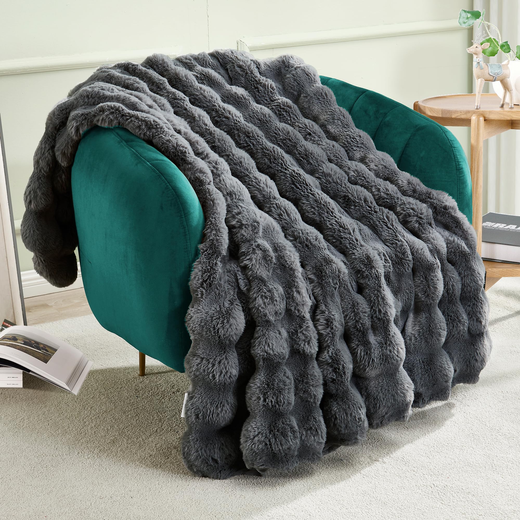 JONIYEAR Solid Thick Bubble Faux Rabbit Fur Throw