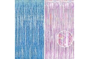 BRAVESHINE Pink Blue Tinsel Foil Fringe Curtains - 2Pcs 3.2x8.2ft Holidays Photo Streamers Backdrop for Girl or Boy Birthdays Bridal Shower Party Supplies Decorations