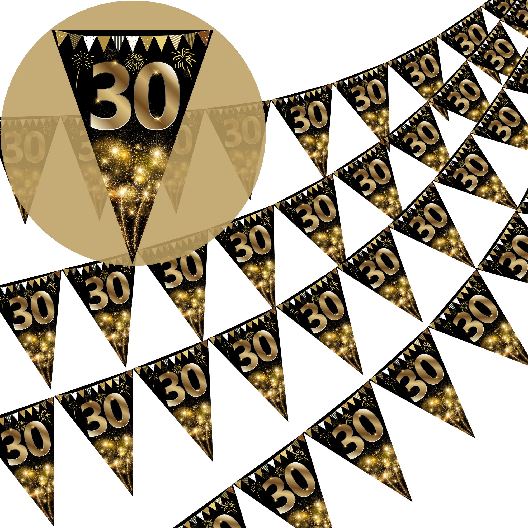 40Pcs Happy 30th Birthday Banner Bunting Flags Gold and Black Glitter Birthday Anniversary Party Decoration Supplies,Triangle Flag Banners for Men Women