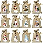 BORAMDO Christmas Burlap Gift Bags with Drawstrings - 24 Pcs, Watercolor 12 Designs Snowman Linen Wrapping Bags, Small Treat Candy Bags for Holiday Party Favors