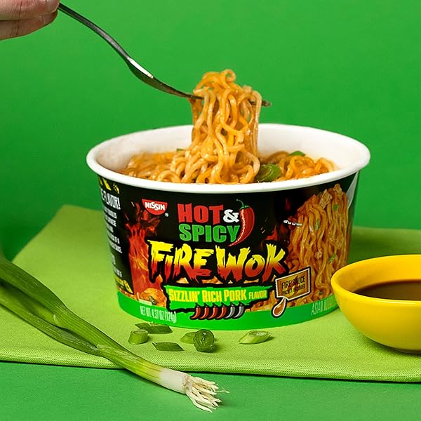 NISSIN HOT & SPICY FIRE WOK, SIZZLIN’ RICH PORK, 4.37 OUNCE (PACK OF 6)