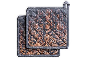 Maison d' Hermine Hot Pads 100% Cotton Pot Holders Set of 2 with Hanging Loop Potholder, Heat Resistant, Baking, Grilling, Barbeque, Imperfection - Thanksgiving/Christmas (8"x8")