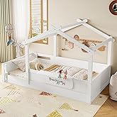 Merax Twin Size House Floor Bed for Kids, Solid Wood Montessori Floor Bed Frame with Safety Fence, Storage Shelf, and Roof, Easy Assembly,White