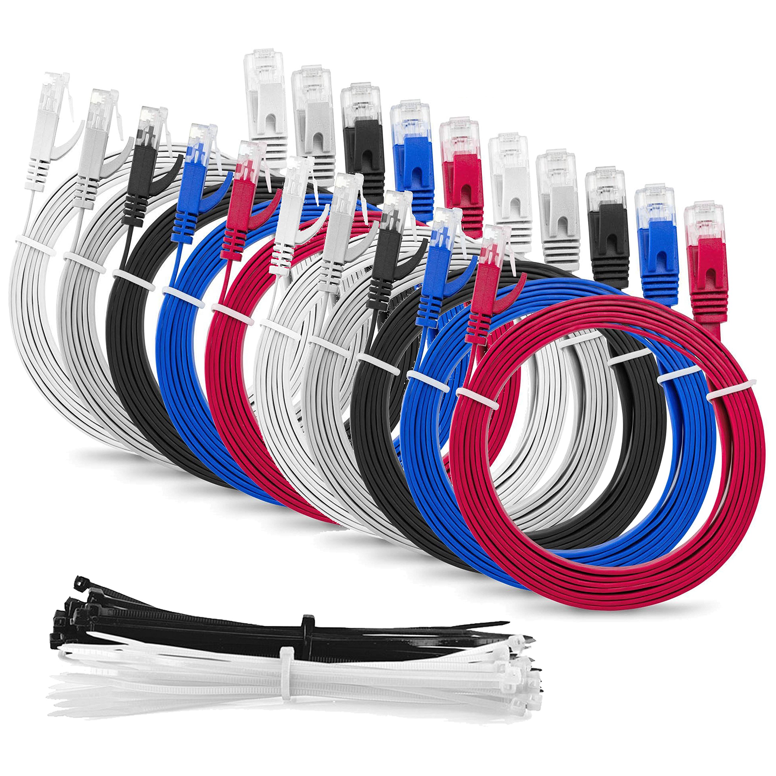 MutecPower Multi Cable SLIM FLAT 0.5m Cat6 RJ45 Ethernet Network Patch Lan cable - Multi Coloured 10 Pack - 0.5 meter + 15 Cable ties