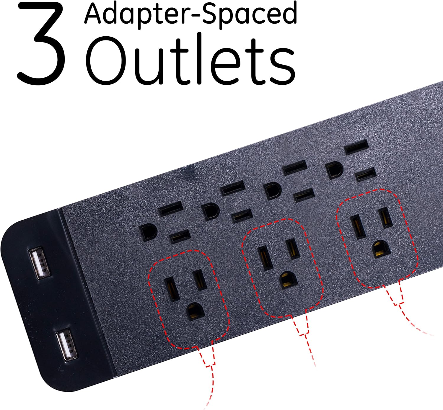 GE, Black, Strip Surge Protector Charger, 7 Outlets, 2 USB Ports, Fast Charge, Flat Plug, Long Power Cord, 3 Feet, Wall Mount, Warranty, 37054, 3 Ft: Electronics