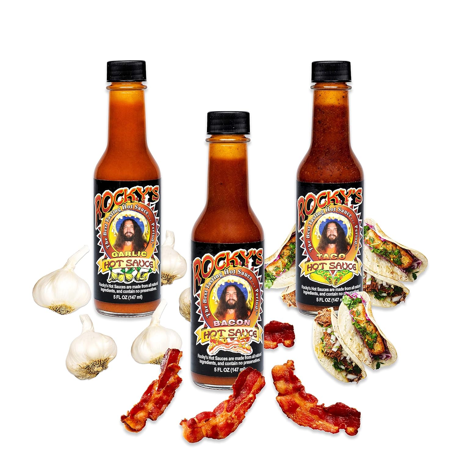 Rocky's Garlic, Bacon, Taco Hot Sauces Gourmet Red Chili