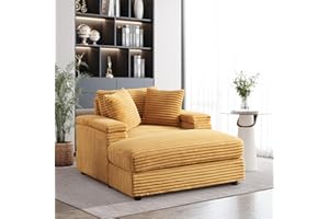 ATUMON 44" Oversized Corduroy Chaise Longue Indoor,Comfy Thicked Upholstered Pad Lounge Chair with Ottoman,Soild Wood Sleeper Reclining Chair,Deep Seat Couch for Living Room-Yellow