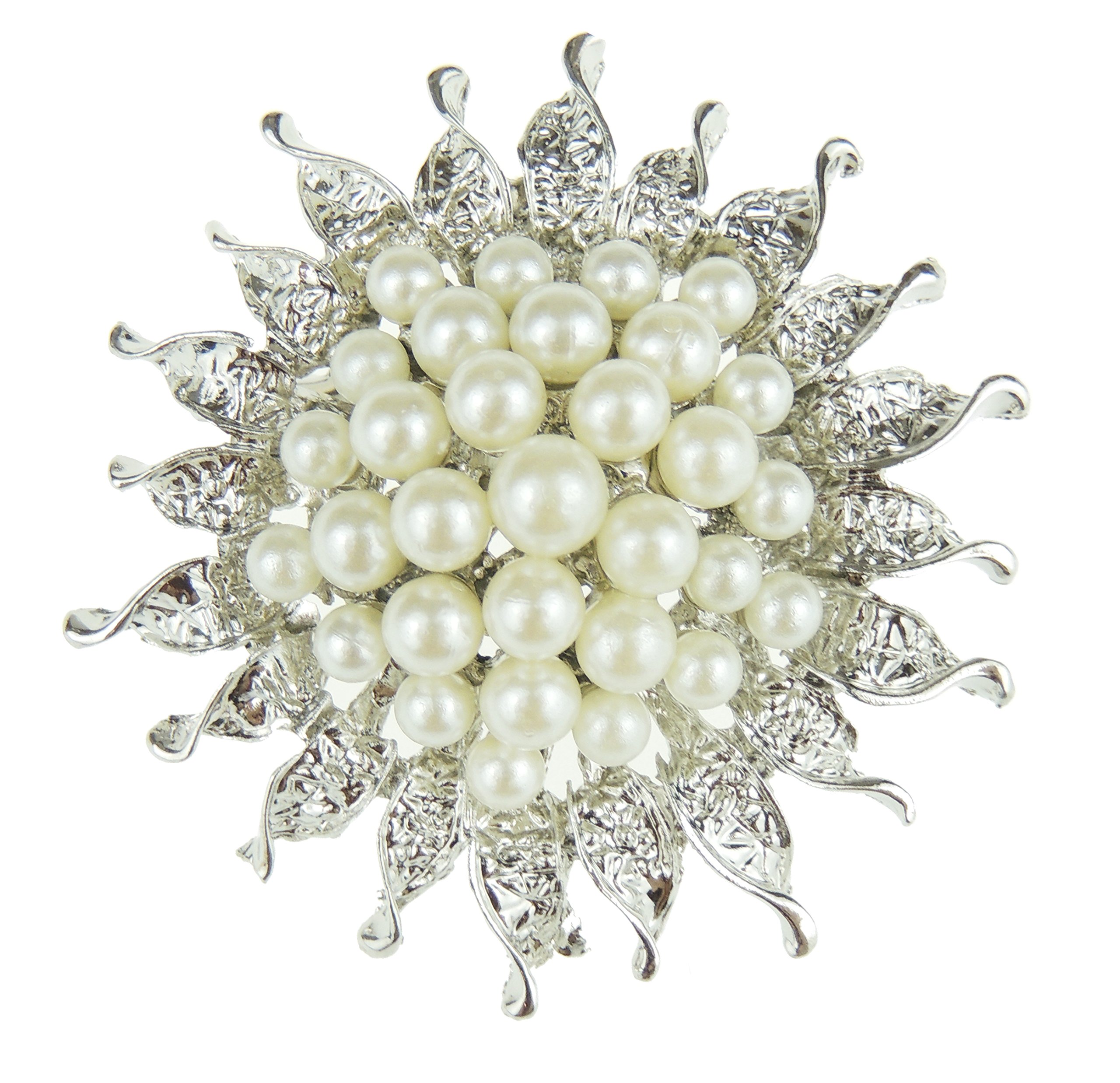 Ladies Mens Faux Pearl Sun Burst Lapel Wedding Occasion Brooch (Silver Tone)