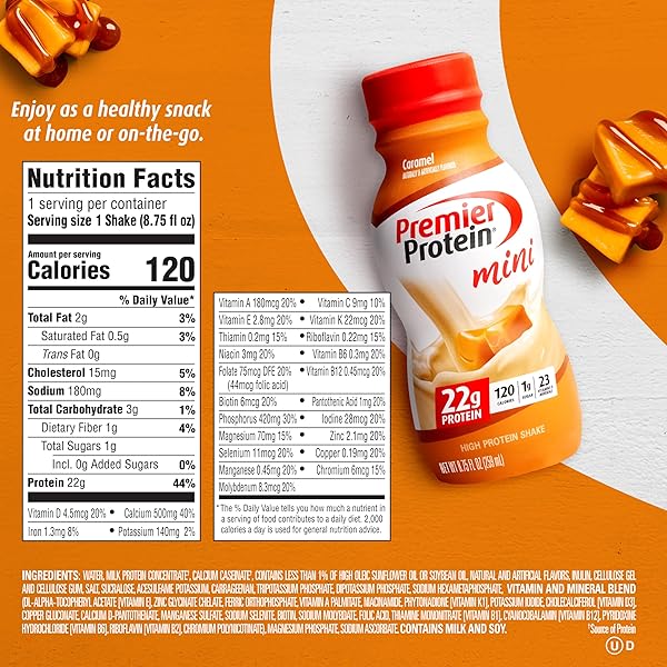 PREMIER PROTEIN SHAKE MINIS, CARAMEL, 22G PROTEIN, 120 CALORIES, NO ADDED SUGAR, 8.75 FL OZ, 12 PACK (PACKAGING MAY VARY)