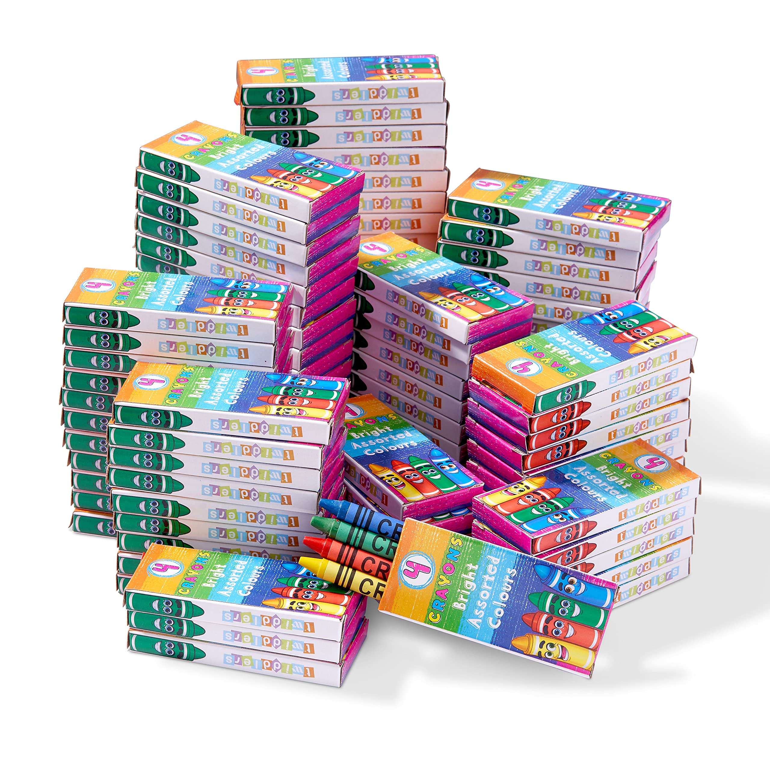 THE TWIDDLERS 144 Boxes of Wax Crayons for Kids - 4 Per Box, 576 Total - Mixed Coloured, Perfect for School Classrooms, Restaurants, Bulk Kids Crayons Colouring Activity, Party Bag Fillers